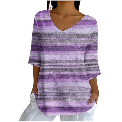 3/4 Sleeve Tops for Women Casual V Neck Tshirt Trendy Color Block Tee Blouse with Leggings Teen Girl Fall Y2K Clothes