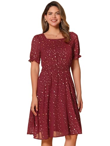 Image of Allegra K Party Midi Dress for Women Ruffle Short Sleeve Elastic Waist A-Line Metallic Star Dresses