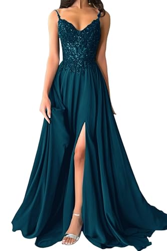 Damen Chiffon Ballkleider Lang V-Ausschnitt Spitzenapplikationen Brautjungfernkleid A-Linie Abendkleider mit Schlitz