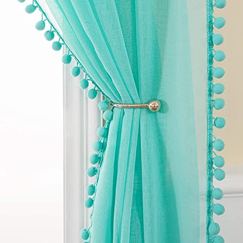 MIULEE Rideau Voilage à Pompons-Voilage Turquoise a Oeillets Lot de 2 (2XL140 x H 245 cm), Beaux Rideaux Décoratif Chambre Bebe, Voilage Fenetre Intérieurs Salon,...