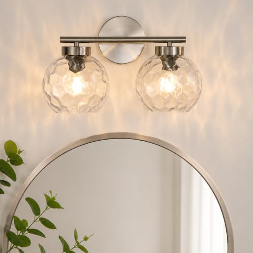 Image of Brushed Nickel 2-Light Bathroom Vanity Light Fixture Over Mirror, Hardwired