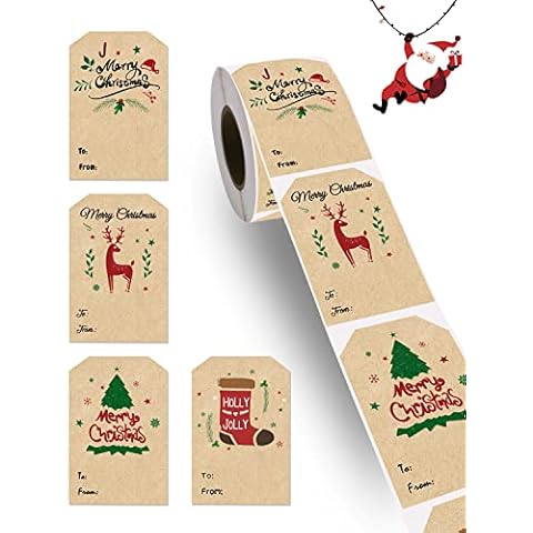 300 Pcs Self Adhesive Christmas Tag Stickers, 2 x 3 Inch Kraft Christmas Gift Tags Xmas Stickers, Decorative Stickers for Christmas Holiday Greeting Decoration, Envelopes Sealing, Gift Wraps Cover