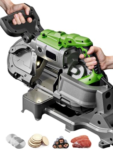 Sega a nastro per il taglio del metallo 1100 W con 2 lame di ricambio, tecnologia di taglio a freddo, luce LED integrata, base rimovibile con pulegge, sega elettrica per legno/vetro/metallo/carne