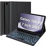 HEKUEUN Case with Keyboard for Samsung Galaxy Tab A9 8.7 Inch 2023, 7 Colors Backlight Detachable Keyboard, Ultra-Thin Stand Cover with Pen Holder for Tab A9 8.7 Inch SM-X110/X115/X117,Black