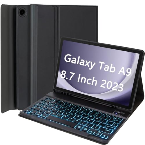HEKUEUN Case with Keyboard for Samsung Galaxy Tab A9 8.7 Inch 2023, 7 Colors Backlight Detachable Keyboard, Ultra-Thin Stand Cover with Pen Holder for Tab A9 8.7 Inch SM-X110/X115/X117,Black