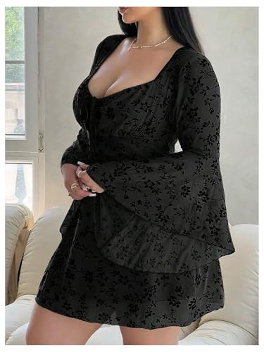 Image of Floerns Women's Plus Size Floral Gothic Dress Flare Long Sleeve Mesh Grunge A Line Dress
