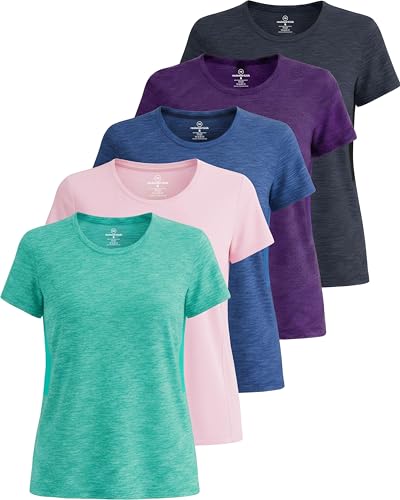 Image of Real Essentials 5 Pack: Women's Short Sleeve T-Shirts Workout Tops Fitness Pilates Gym Activewear Athletic (Plus Available)
