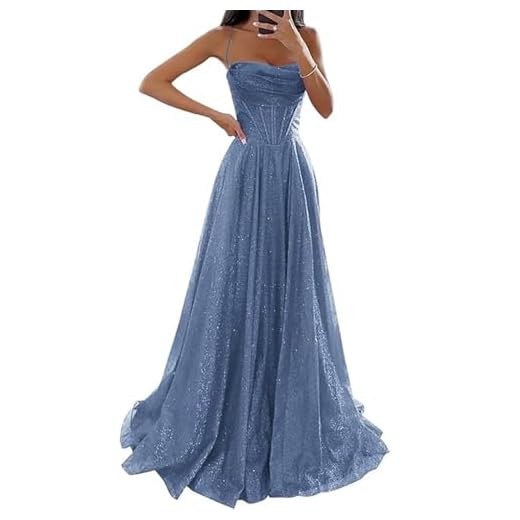 JIAALU Glitzernde Pailletten Tüllkleider Elegantes Damen Abendkleid mit Glitzerpailletten & Spaghettiträgern A-Linie Ballkleid in Tüll für Hochzeit, Langer Schlitz & Korsett-Design