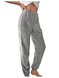 Verdusa Women's High Waist Fuzzy Fleece Lounge Long Pants Pajama Pants Solid Grey Medium