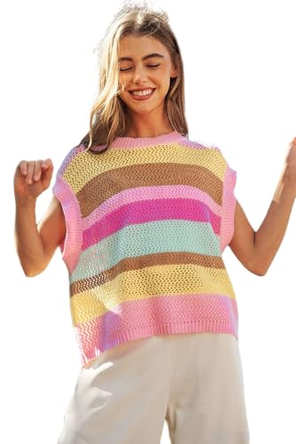 Charming Crochet Sleeveless Sweater with Round Neck - Pink Stripe