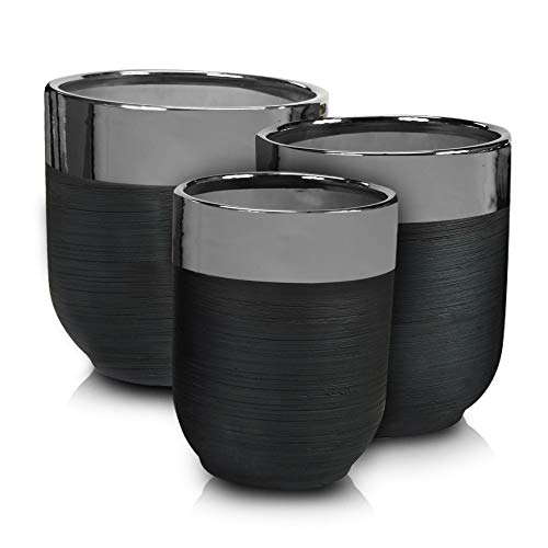 Luxury Large Outdoor / Indoor Planters, Flower Pot, Round Ceramic Garden, Patio, Porch & Decking Planters, Plant Pots with Matt Black & Silver Chrome Finish by C.O.S.Y
