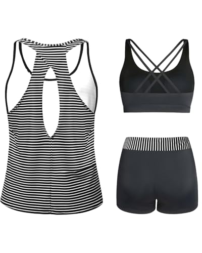 Image of 3 Piece Tankini Long Sleeve Swimsuits Athletic Rash Guard Bathing Suits | Modest,Full Coverage,High Waisted Short,Quick Dry,Criss Cross Back