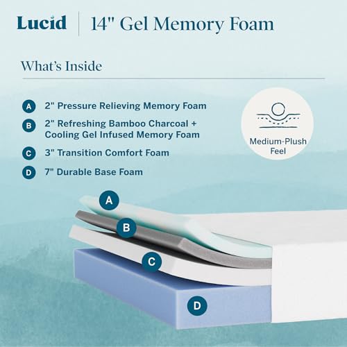 Image of Lucid 14 inch Plush Gel Memory Foam Mattress - Bamboo Charcoal & Cooling Gel - Fiberglass Free - Bed in a Box - CertiPUR-US Certified - King Size