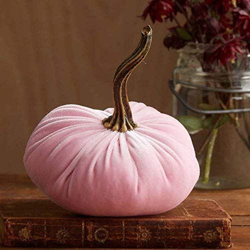 Velvet Faux Pumpkin Decor, Handmade Stuffed Artificial Pumpkin with Realistic Dried Stem, Soft Fake Pumpkin Ornament for Fall Harvest Thanksgiving Halloween Table Mantel Home Party Decoration，Pink
