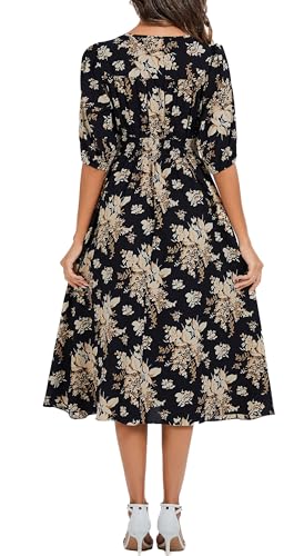 Image of Kormei Women Casual Boho V Neck 3 /4 Sleeve Smocked Waist A Line Flowy Swing Midi Dress Smocked Long Dress