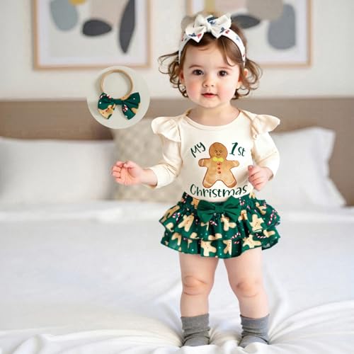 My First Christmas Baby Girl Outfit Long Sleeve Santa/Gingerbread Newborn Infant Romper Skirts Headband Socks Sets4