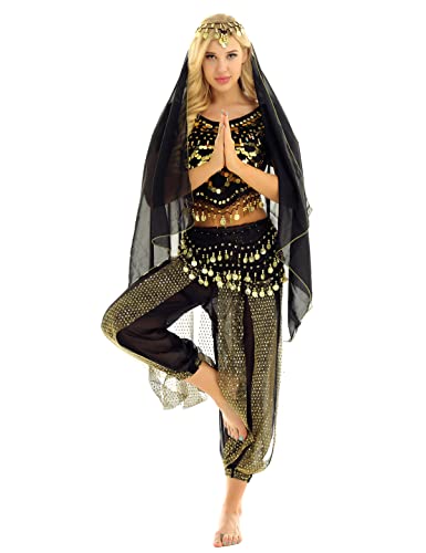 CHICTRY Femme Ensemble de Danse 4 Pièces Haut Top de Danse du Ventre Foulard de Danse Orientale Déguisement Halloween Belly Indienne Costume de Performance Dancewear Noir Taille Unique