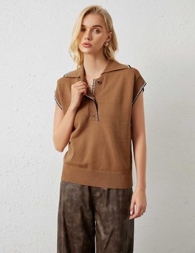 Image of MISSACTIVER Women Casual Button Down Lapel Collar Sweater Vest Sleeveless Knit Loose Fit Stripe Trim Pullover Tank Tops(Medium,Light Brown)