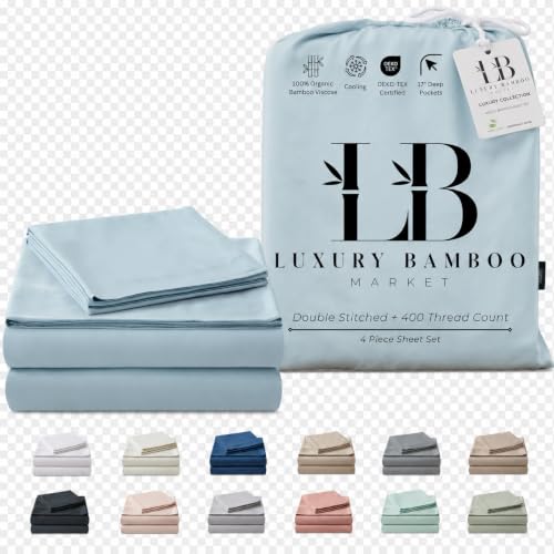 Image of Luxury Bamboo Market | Queen Size Bed Sheet Set | 100% Viscose Made from Bamboo | Organically Grown | Ultra Soft | Cooling Sheets for Hot Sleepers | 17 inch Deep Pocket [Spa Blue]