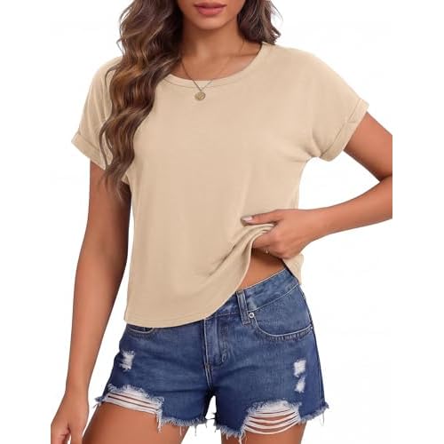 Totatuit Crop Tops for Women Roll Short Sleeve Crewneck Shirts Cropped Tshirts Summer Loose Fit Boxy Basic Tee