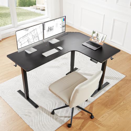 Image of HUANUO 63″ L-Shaped Standing Desk, Built-in Power Outlets, Electric Height Adjustable Corner Computer Desk, Large Power Strip Holder, Sit Stand Up Desk with 3 Preset Heights, Black