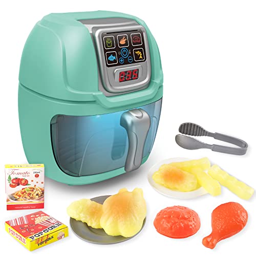 deAO Kitchen Play Set - 14 Pieces Kids Air Fryer Pretend Role Set With Realistic Light, Sound, Food, and Accessories - Educational Toy for Girls Boys (Green)