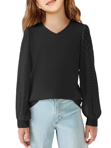 Haloumoning Mädchen Langarmshirt V-Ausschnitt Pullover Longsleeve T-Shirt Lässige Lose Bluse Freizeit Niedlich Weiche Tops für Kinder Schweizer Punkt Oberteile Schwarz 13-14 Jahre