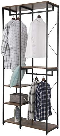 Heavy Duty Adjustable Clothes Rail, Double Rod Garment Rack,Wooden Coat Stand Clothings Wadrobe Organizer, 5 Tiers Metal Storage Shoe Rack Cabinet Shelves Shelving Unit Vintage