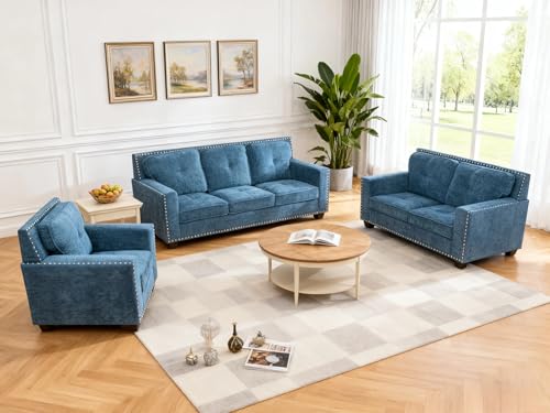 Image of Sofa and Loveseat Set, Linen Living Room Set with Nailhead Trim, 3 Piece Living Room Furniture, Modern 3-Seater Sofa + 2-Seater Loveseat + Accent Chair Sets, for Home Office, Blue