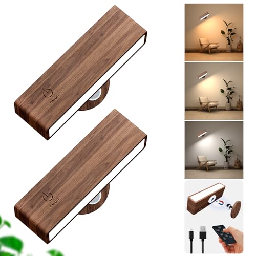 DetarZinLED Lampara Recargable de Pared det de dos,Lamparas LED Recargable con Mando a Distancia,Apliques de Pared Para Dormitorio a Pilas, Ajustable Wireless Wall Lights 3 Temperaturas de Color