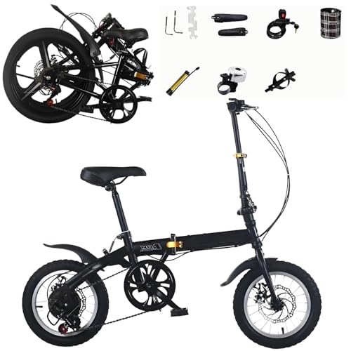 Ypdnsme 折りたたみ自転車 軽量 bicycle 12?16インチ(12インチは単速/14?16インチは6段変速)耐荷重90kg 軽量ミニサイクル 通勤・通学・アウトドア向け 7点セット付き 男女兼用 (黒, 14インチ変速)