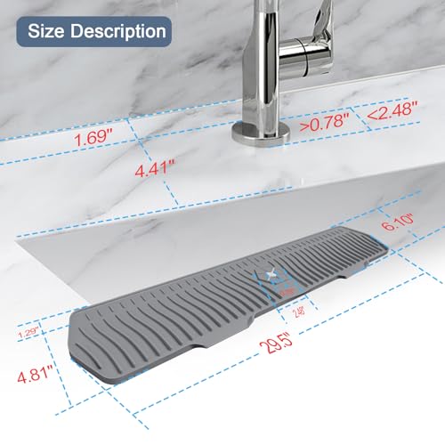 Image of Sink Drain Mat Behind Faucet,Faucet Guard Draining Mat, 90 Foldable Tap Draining Mat for Kitchen Sink with 2 Water Ports, Faucet Drain Mats for Kitchen, Bathroom, etc (Gray, 29.5 inch*6.1 inch)