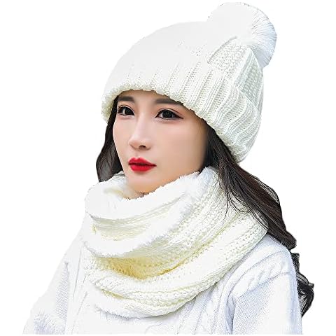 Women's Pom Beanie Hat Scarf Set Winter Warm Fleece Knit Skull Cap with Lengthen Neckerchief White Cover