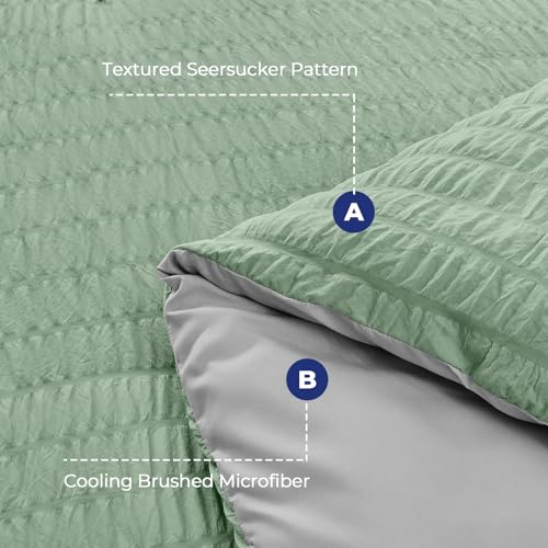 Image of HYMOKEGE Sage Green /Light Grey Full Size Comforter Sets Seersucker 7 Pieces, All Season Luxury Bed in a Bag for Bedroom, Bedding Set with Comforter, Sheets, Pillowcases & Shams