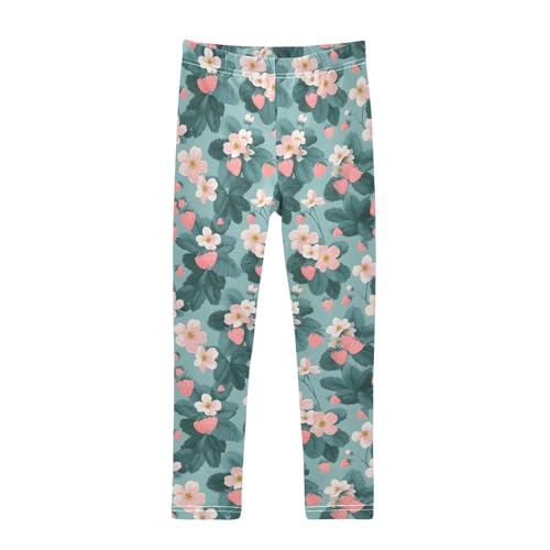 Girls' Athletic Leggings Ankle Length Yoga Dance Pants Kids Teen 4T Strawberry Flower Green