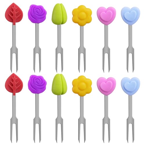 HDGSAFD 12 Morceaux De Fourchettes De Fruits, Fourches De Fruits en Acier Inoxydable en Silicone, Thé De Fruits Réutilisables, Mini Signes De Fruits Pratiques.