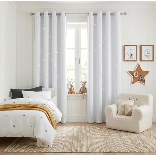 NICETOWN Star Curtains for Kids Room - Starry Magic Night Sky Hollow Star Design Space Themed Window Shades for Living Room & Bedroom (42 Width 84 inc