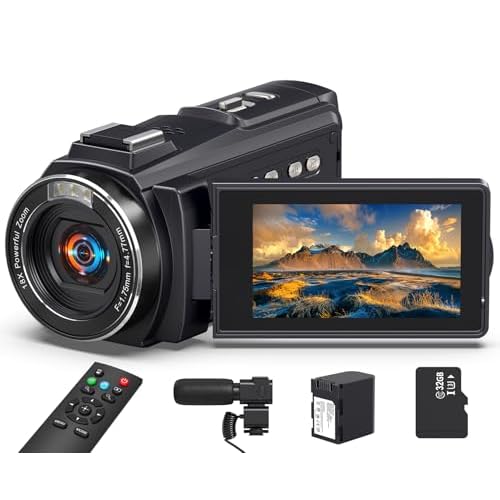 8K 64MP Video Camera Camcorder, 18X Digital Zoom with IR Night Version Vlogging Camera for Youtube, 3.0″ IPS Touch Screen with one 4500mAh Battery, 32GB TF Card, Remote Control, Mic, and Adapter