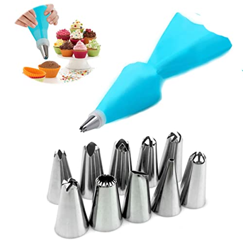 Sacchetti per pasticceria in silicone Ugelli per tubazioni Strumenti per decorare torte alla crema Sacchetti per pasticceria + 24 Set di ugelli Punte riutilizzabili Cucina-E10-12 pezzi-blu