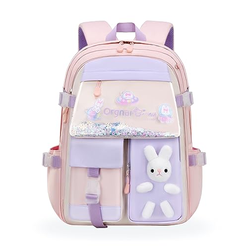 Ynport Crefreak Cute Bunny School Backpack for Girls Large Capacity Aesthetic School Bag Water Repellent Kawaii Bookbags for Grades 1-6 Bags, Pink