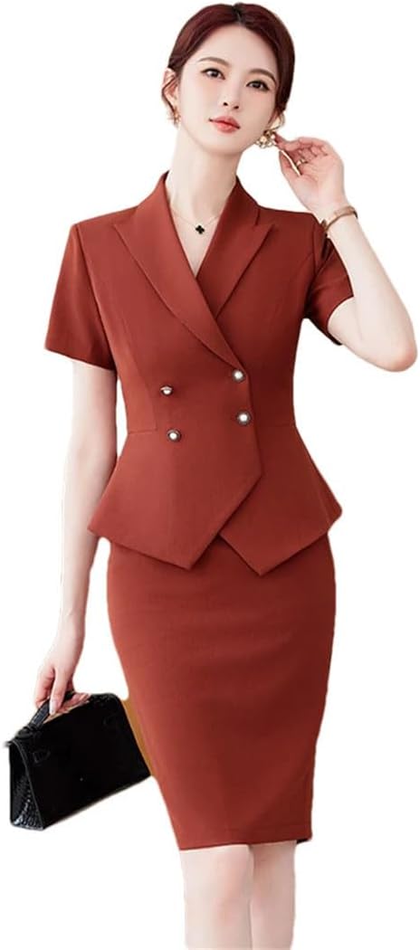 Women's Summer Short Sleeve Lapel Double Breasted Solid Color Slim Fit Blazer and Skirt Set