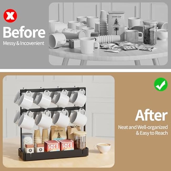 Coffee Mug Holder with 16 Movable Hooks, Metal Coffee Cup Holder for Countertop, 2 Tier Mug Rack with Storage Shelf for Kitchen Office Coffee Mug Rack