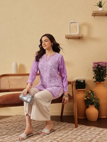Image of Ada Women's Georgette Regular Fit Chikankari Hand Embroidered Lucknow Short Kurti Top A911224