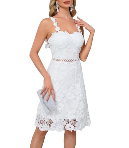 Women’s Lace Midi Dress – Floral Strap Cocktail Dress for Wedding Guest, Bridal Shower, Party & Summer Events White
