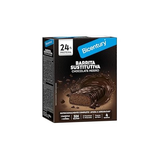 Bicentury Barrita Sustitutiva sabor Chocolate Negro, con 13 Vitaminas y 11 Minerales. Sustituye una comida. 4 barritas, 128g.