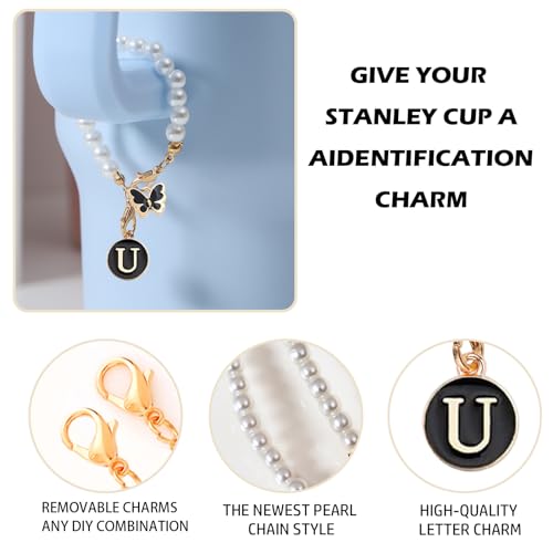 Image of Letter Charm for Stanley Cup,Pearl Chain Accessories Stanley Cup Initial Charms for Handle Stuff Decor Water Bottle Jewelry Tumbler Cute Personalized Name ID Decorations Black Tag (U)