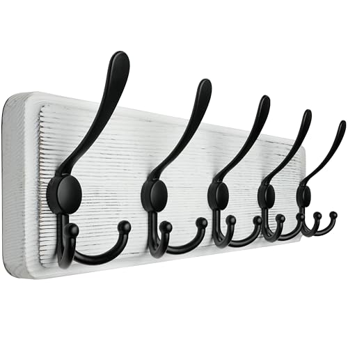 WEBI Percheros Pared Madera,5 Ganchos Triples Colgador Pared,Percha Pared,Colgadores Pared,Ganchos Para Abrigos,Chaqueta,Negro sobre Blanco