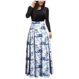 Hawkimin Winterkleid Damen Langarm Festlich Kleid Winter Damen Elegant Damenmode Kleid Weihnachten Bedrucktes Langarm Rundhals Knöchellanges Kleid Lässig Lockeres Langes Kleid Schwarz Langarm Eng