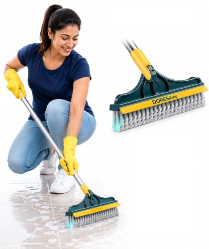 Image of 2 in 1 Bathroom Cleaning Brush with Wiper, Long Handle Floor Scrubber Brush with Water Wiper Blade, Heavy Duty Tile & Floor Cleaning Brush, Multipurpose Bathroom Kitchen Floor Cleaner Tool (Green)