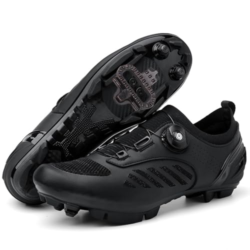 PENXZT Zapatilla de Ciclismo MTB Hombre Mujer, Compatible con SPD Pedales 2 Tornillos con Calas Zapatos Bicicleta de Montaña Unisex Adulto Respirables,Negro,45 EU